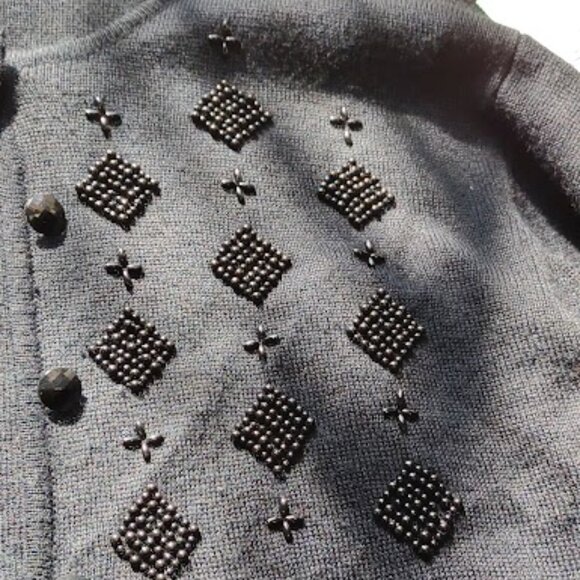 RUSS PETITES VINTAGE BLACK BEADED CARDIGAN, 8 BUTTON FRONT, ELEGANT, SIZE MED - Picture 5 of 10